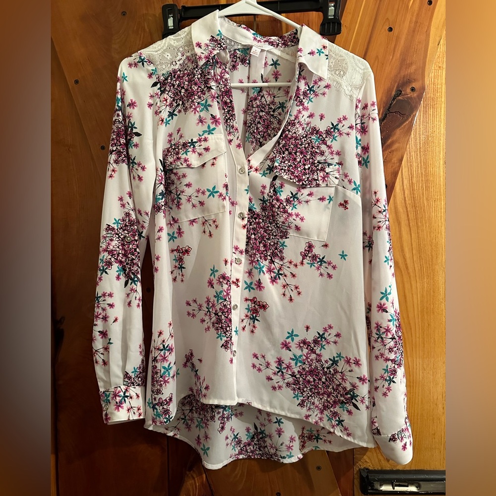 White and Purple Floral Blouse with Floral Lace